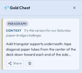The Gold Chest holding that paragraph as a Gem, with the context note Try this version for our Saturday paper-bridge challenge, and a Share button.