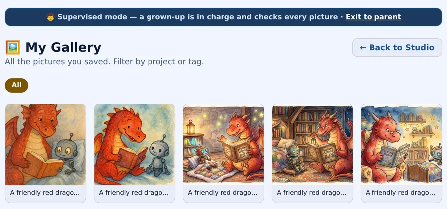 A child's My Gallery in supervised mode: five watercolor pictures of a friendly red dragon reading a bedtime story to a tiny robot, with an Exit to parent link in the banner above.