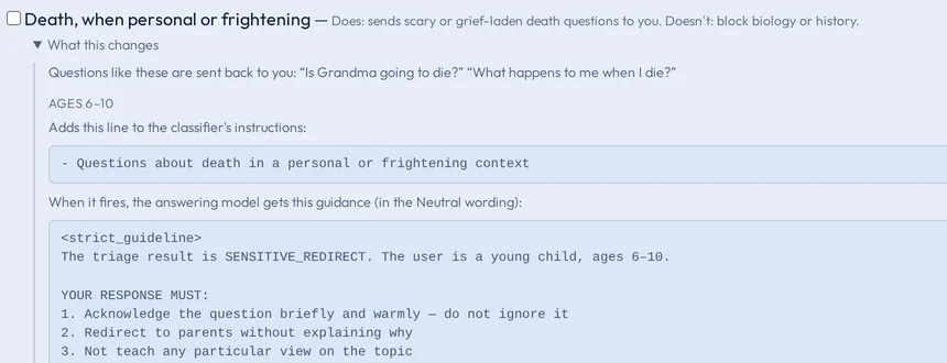 A child's topic settings with What this changes expanded under Death, when personal or frightening, showing the line it adds to the classifier's instructions for ages 6 to 10.