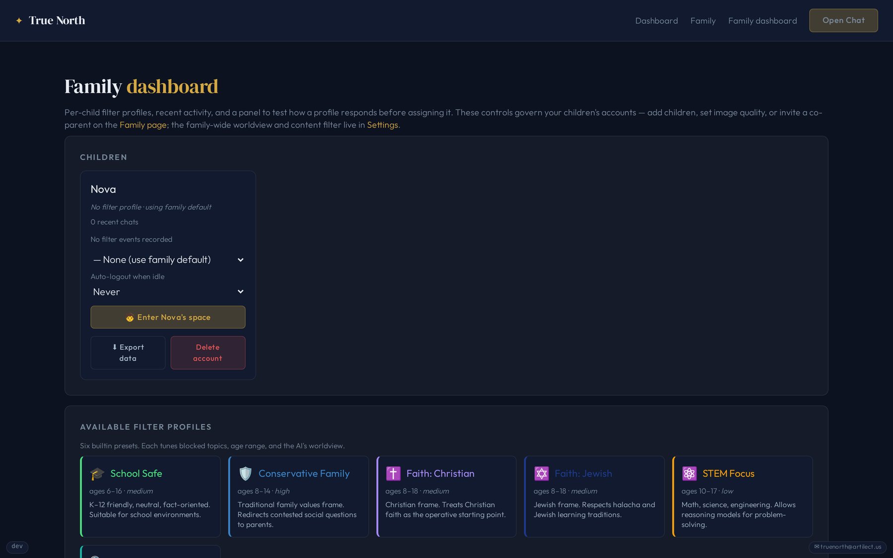 The family dashboard with a child account