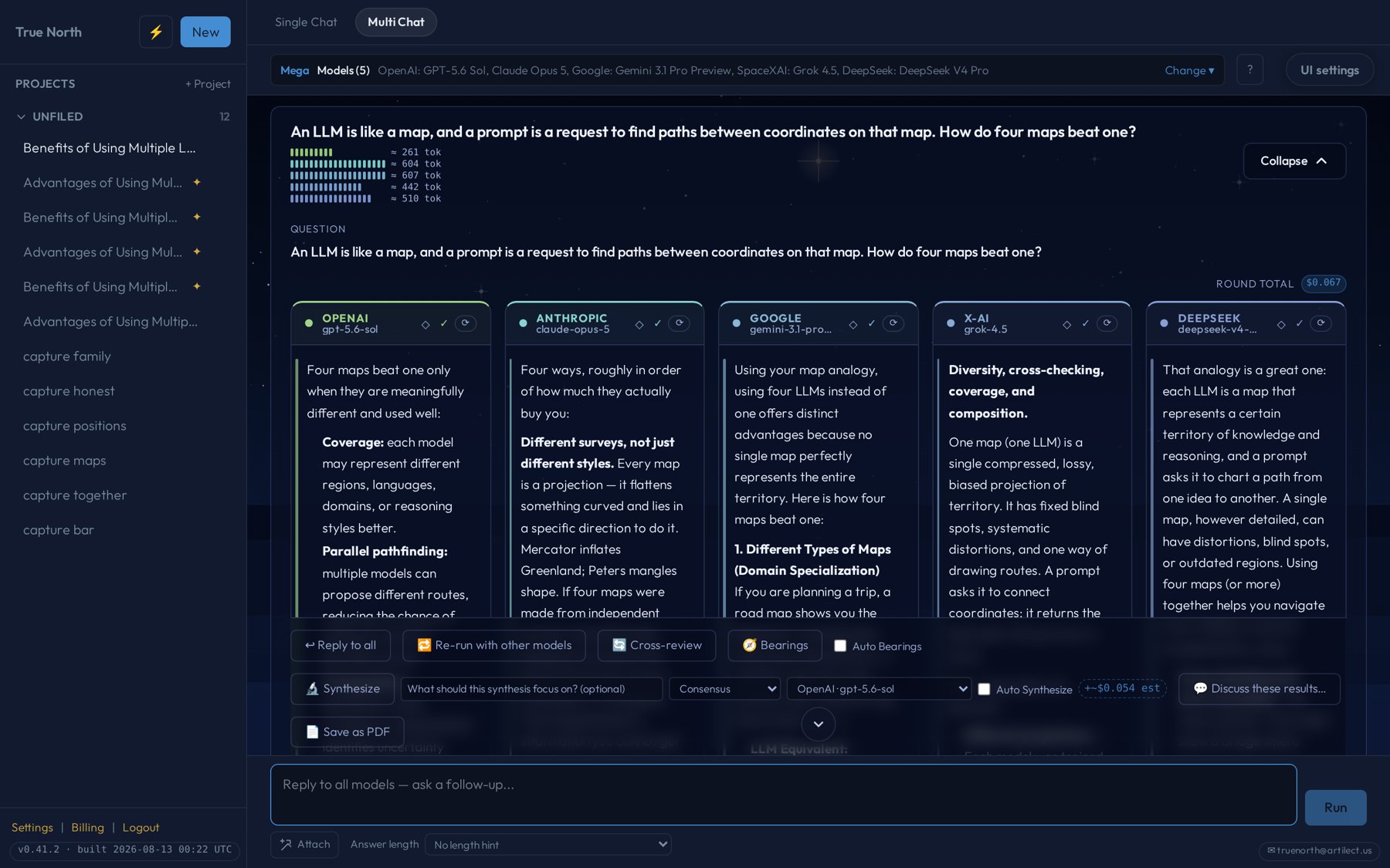 Multi Chat: the full Mega lineup of five models answering side by side