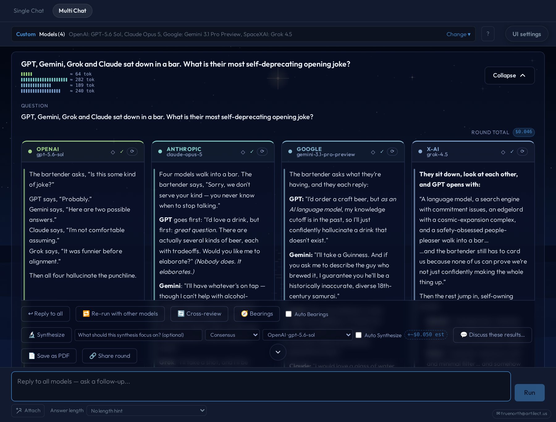 Multi Chat: GPT, Claude, Gemini and Grok answering the same question side by side