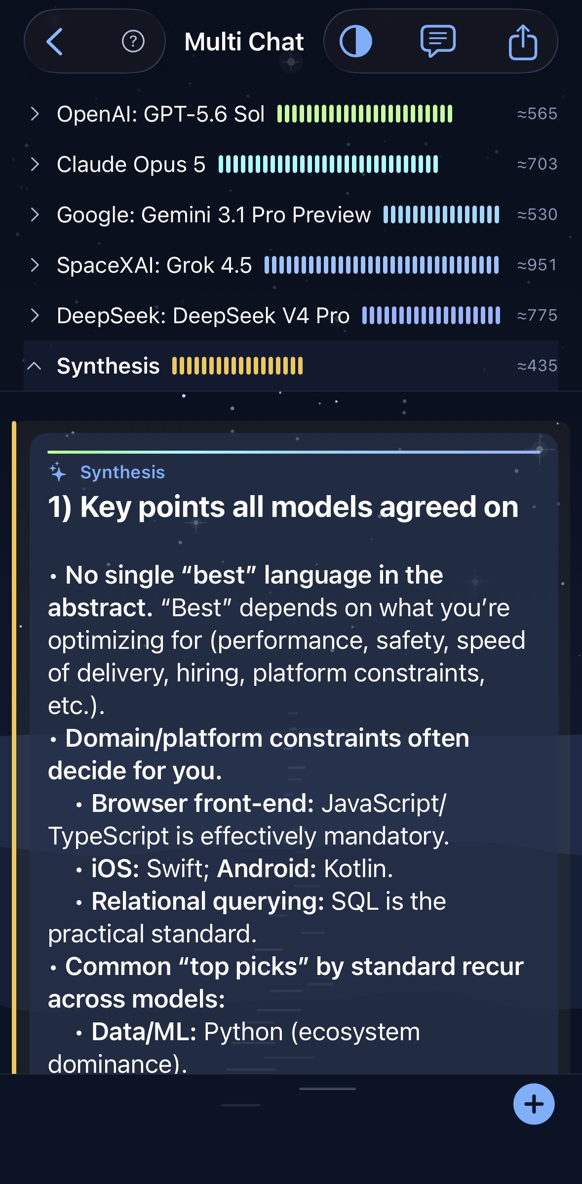 Multi Chat on iPhone: the synthesis expanded over the model rows