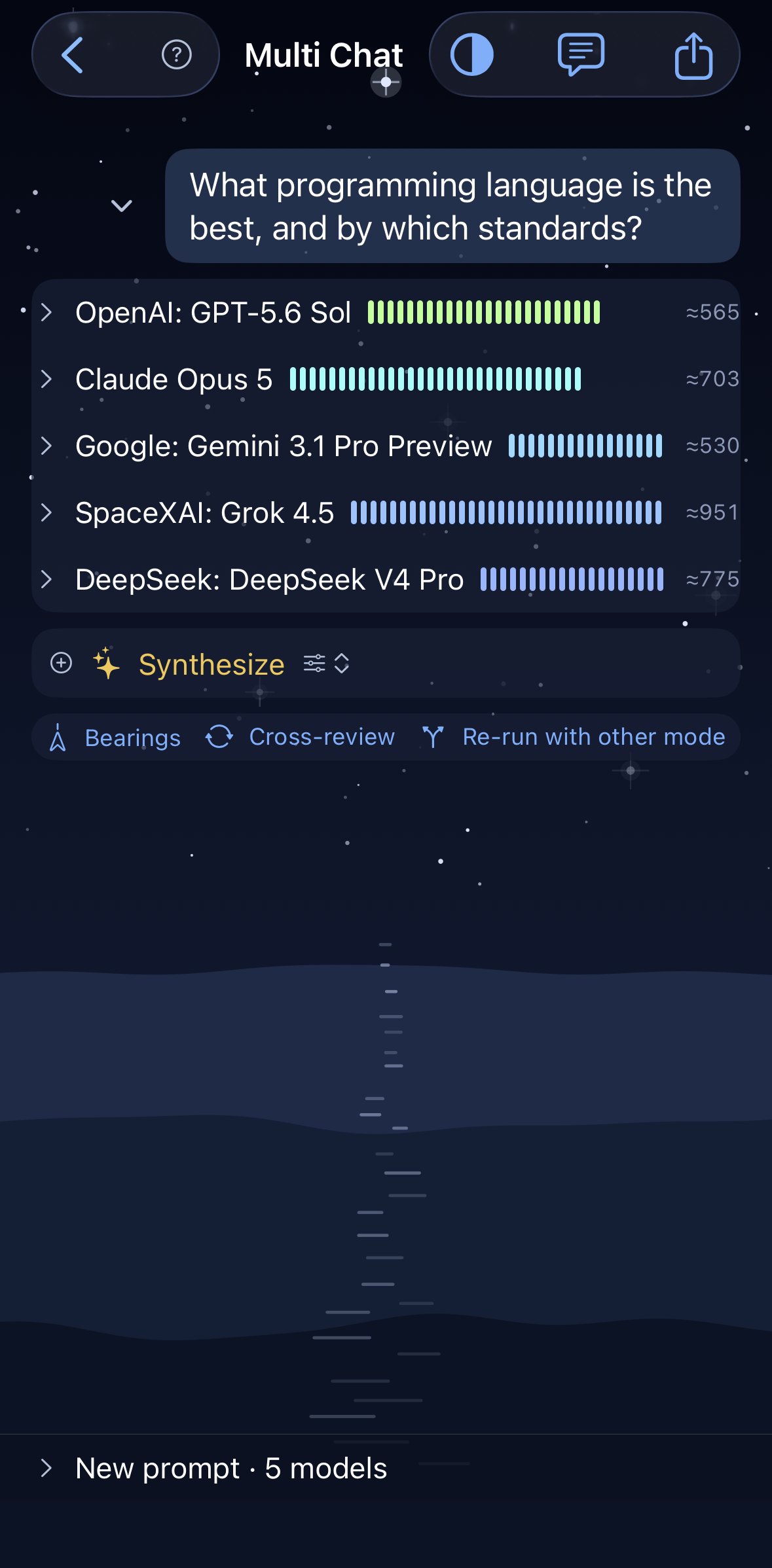 Multi Chat on iPhone: five models streaming answers to one question